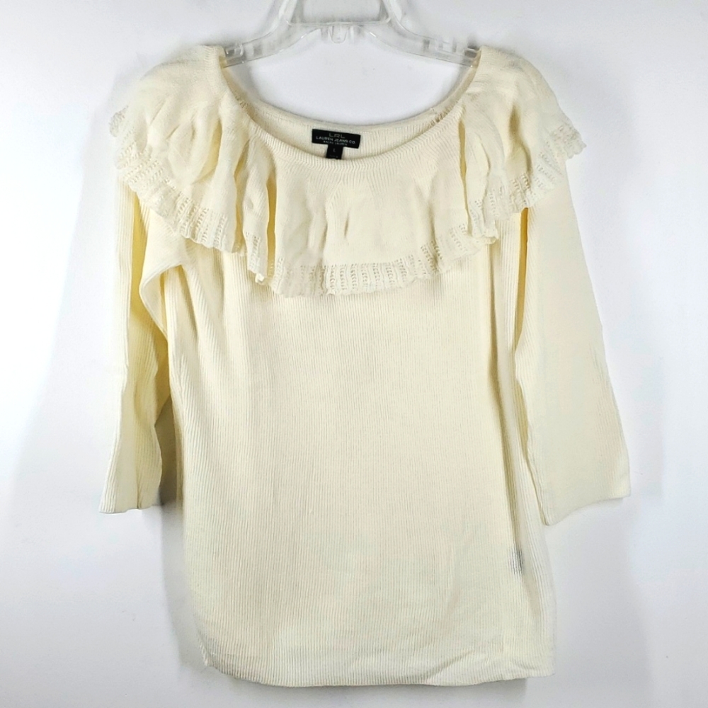 LRL LAUREN Jeans Co Ralph Lauren Ruffled Rounded Neck Cotton Sweater L N…